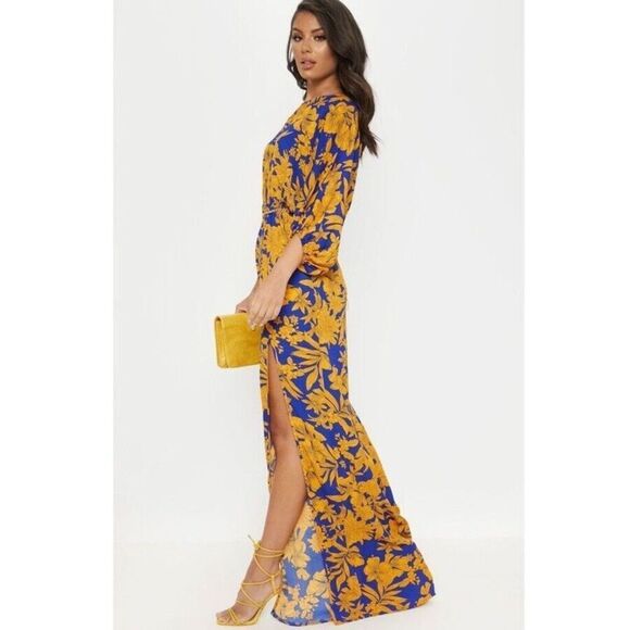 PrettyLittleThing Cobalt Tropical Print Batwing Split Leg Maxi Dress Sz 10 NWOT - Picture 3 of 11